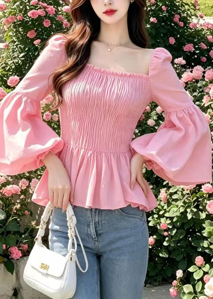 Chic Pink Square Collar Wrinkled Shirt Tops Flare Sleeve