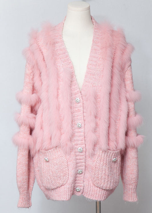 Chic Pink V Neck Fox Fur Patchwork Woolen Cardigans Winter