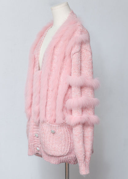 Chic Pink V Neck Fox Fur Patchwork Woolen Cardigans Winter
