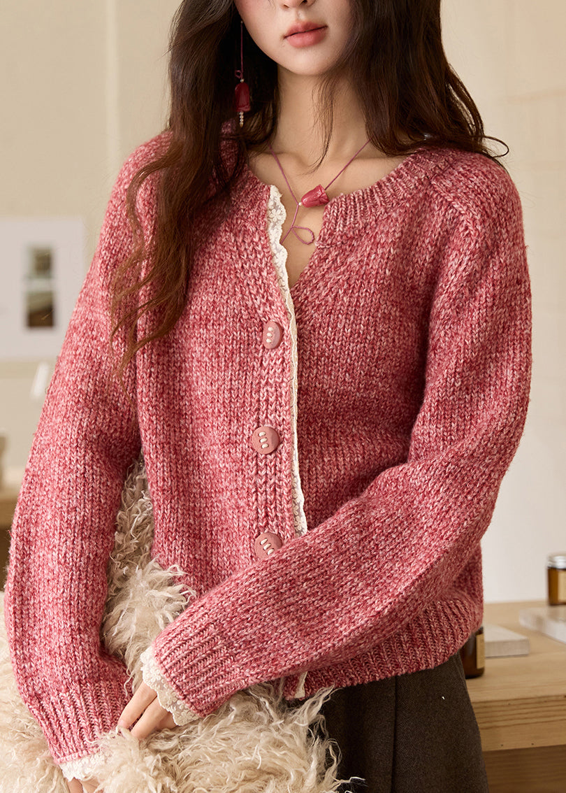 Chic Pink V Neck Patchwork Cozy Cotton Knit Sweaters Spring