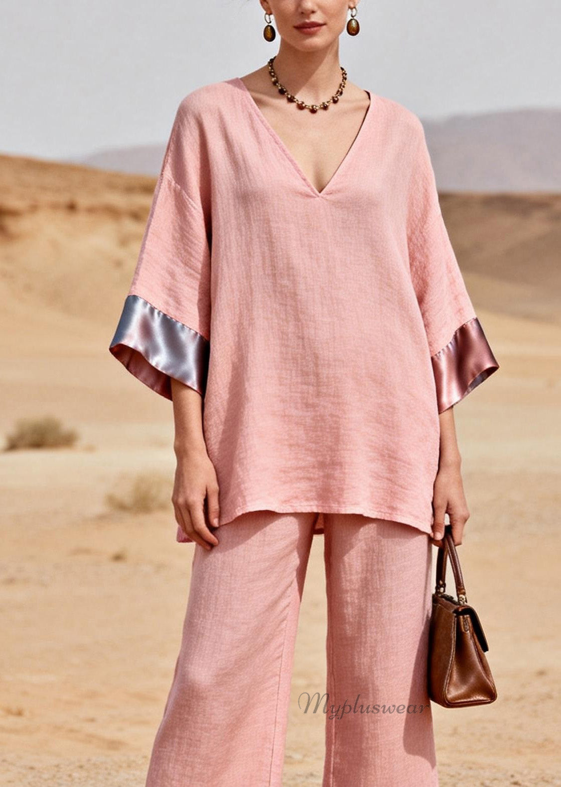 Chic Pink V Neck Patchwork Linen Silk Two Piece Set Summer