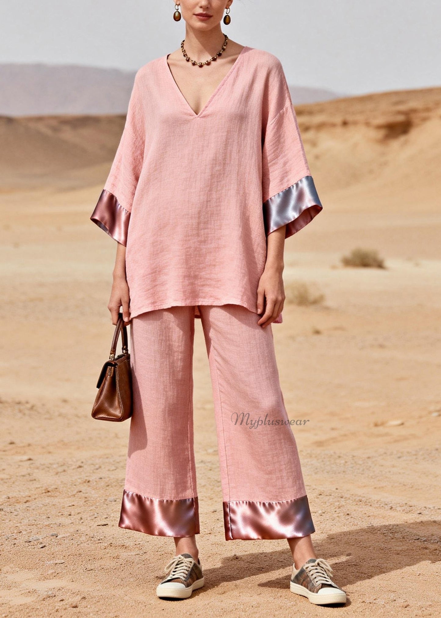 Chic Pink V Neck Patchwork Linen Silk Two Piece Set Summer