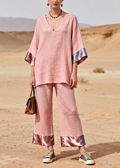 Chic Pink V Neck Patchwork Linen Silk Two Piece Set Summer