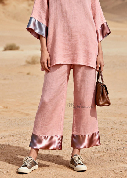 Chic Pink V Neck Patchwork Linen Silk Two Piece Set Summer