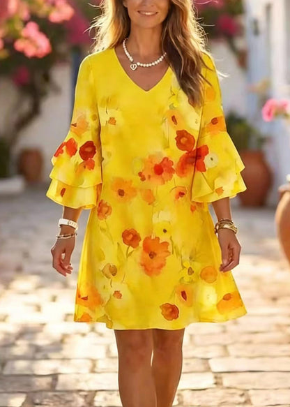 Chic Pink V Neck Print Chiffon Mini Dress Summer
