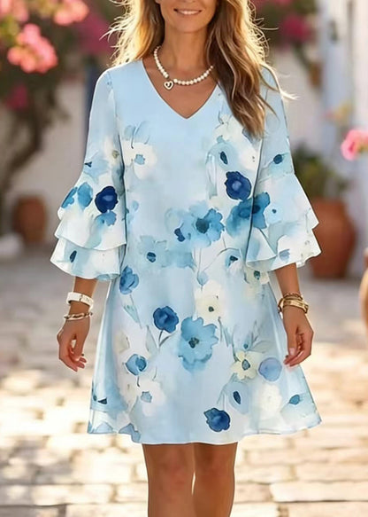 Chic Pink V Neck Print Chiffon Mini Dress Summer