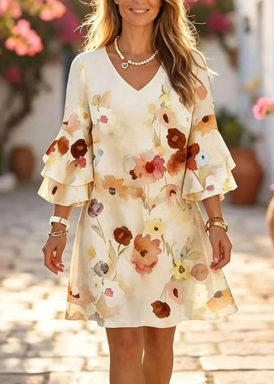 Chic Pink V Neck Print Chiffon Mini Dress Summer