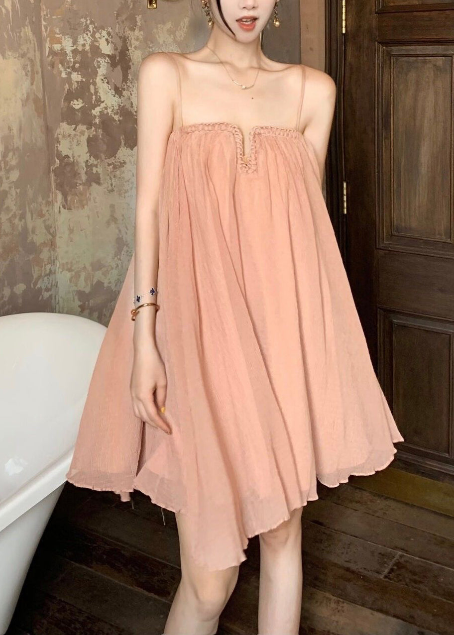 Chic Pink Wrinkled Tulle Spaghetti Strap Dress Summer