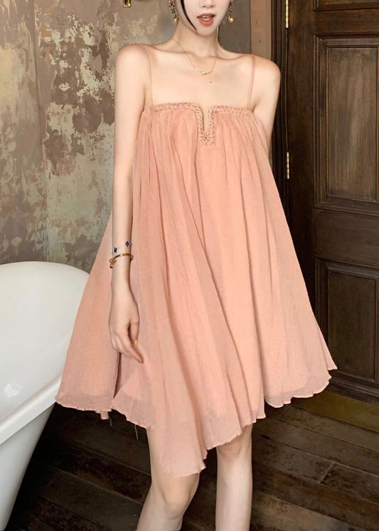 Chic Pink Wrinkled Tulle Spaghetti Strap Dress Summer