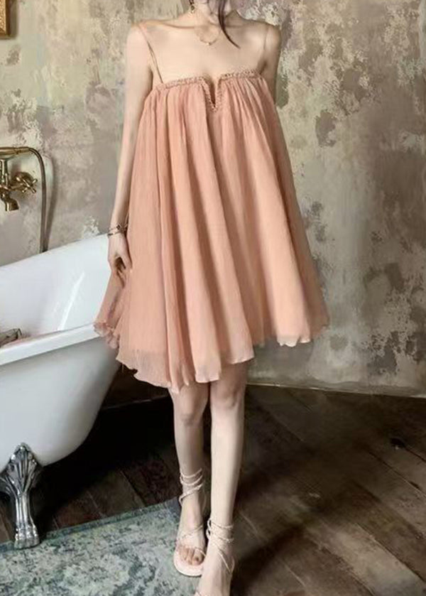 Chic Pink Wrinkled Tulle Spaghetti Strap Dress Summer