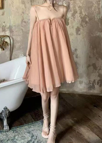 Chic Pink Wrinkled Tulle Spaghetti Strap Dress Summer