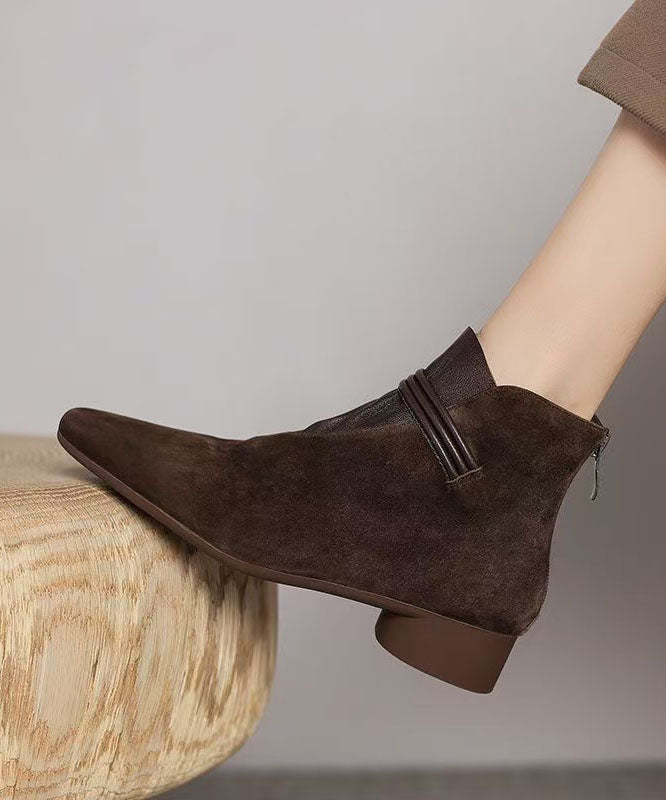 Chic Pointed Toe Ankle Boots Brown Faux Leather