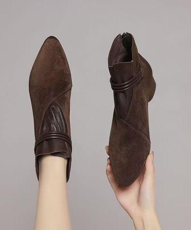 Chic Pointed Toe Ankle Boots Brown Faux Leather