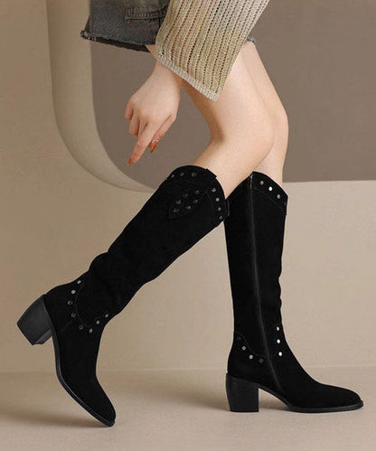 Chic Pointed Toe Chunky Boots Black Faux Leather
