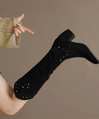 Chic Pointed Toe Chunky Boots Black Faux Leather