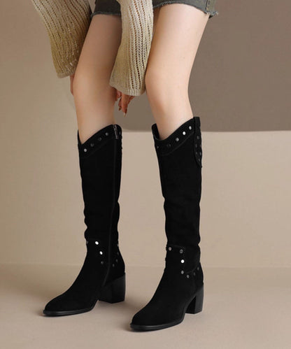 Chic Pointed Toe Chunky Boots Black Faux Leather