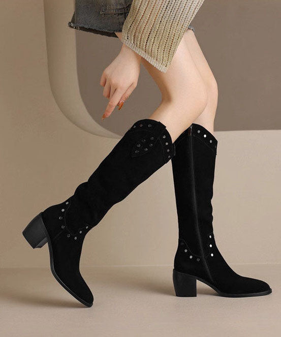 Chic Pointed Toe Chunky Boots Black Faux Leather