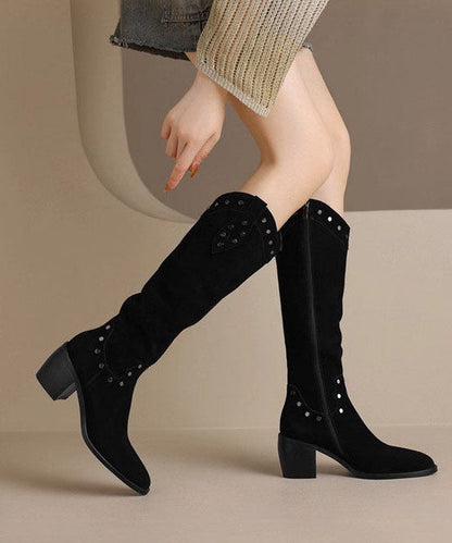 Chic Pointed Toe Chunky Boots Black Faux Leather
