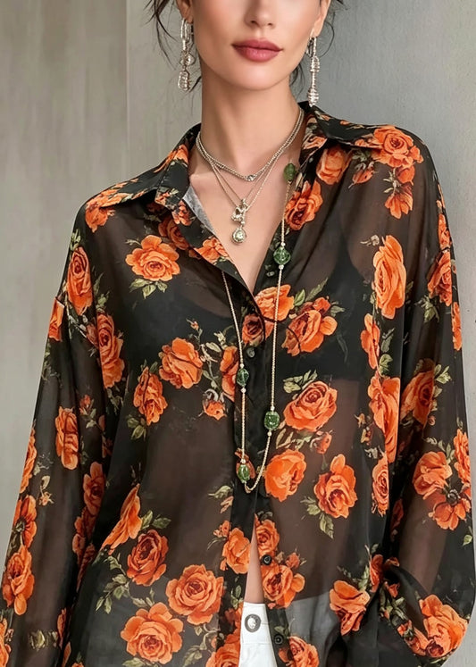 Chic Print Chiffon UPF 50+ Blouse Tops Long Sleeve