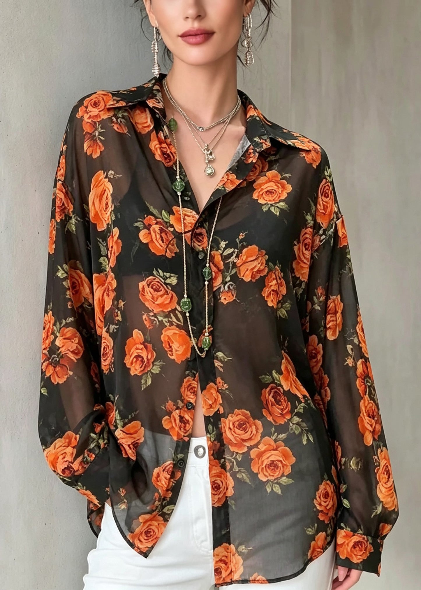 Chic Print Chiffon UPF 50+ Blouse Tops Long Sleeve