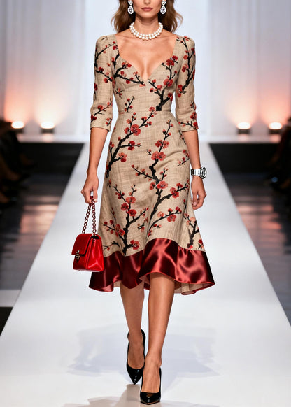 Chic Print Patchwork Linen Silk Long Dresses Summer