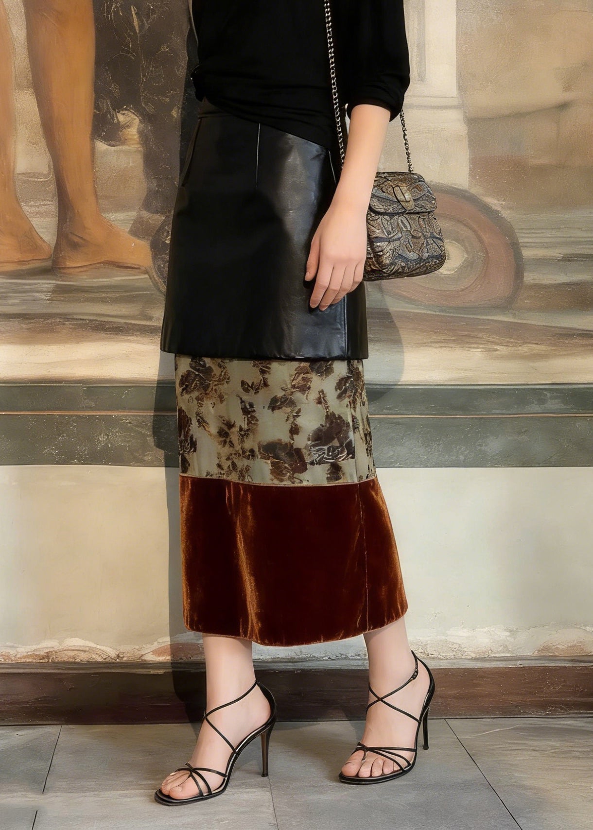 Chic Print Silk Velvet Patchwork Faux Leather Skirt