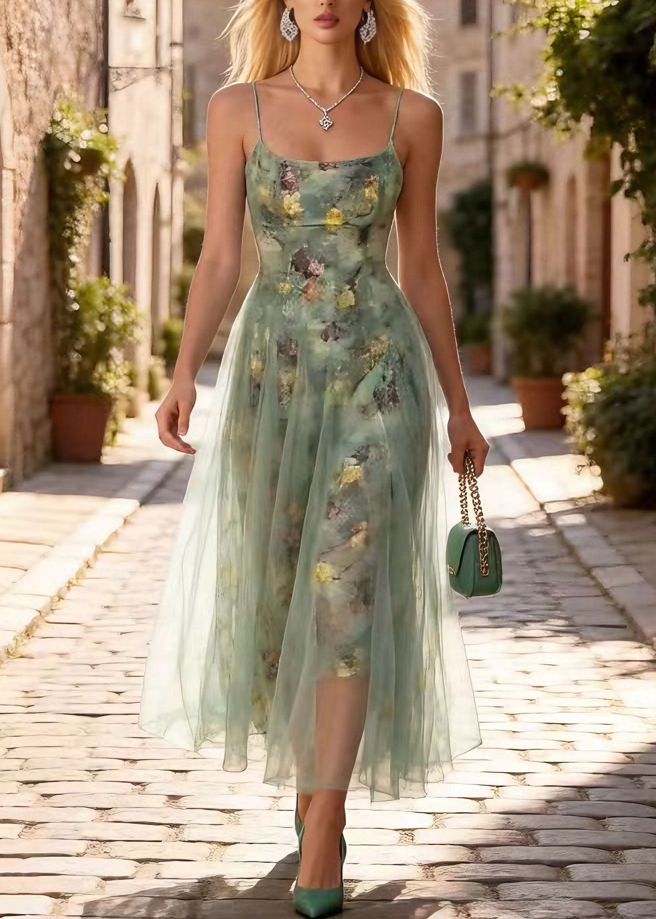 Chic Print Wrinkled Tulle Spaghetti Strap Dress Summer