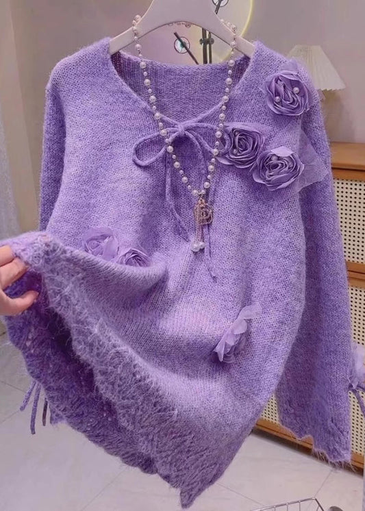 Chic Purple Floral Bow Knit Knit Sweaters Spring