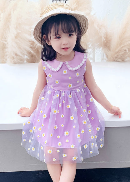 Chic Purple Floral Wrinkled Tulle Kids Party Long Dress Sleeveless