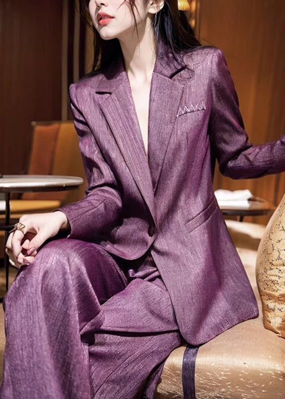 Chic Purple Notched Solid Blazer And Straight Pants Two Pieces Set Fall