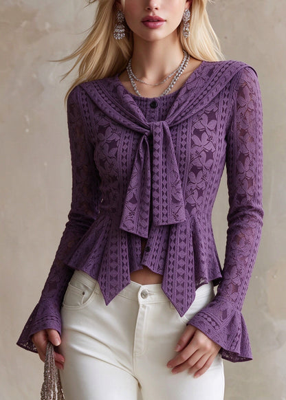 Chic Purple O Neck Asymmetrical Design Cotton Shirt Tops Fall