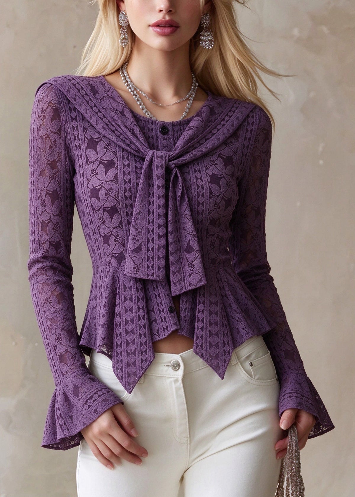 Chic Purple O Neck Asymmetrical Design Cotton Shirt Tops Fall