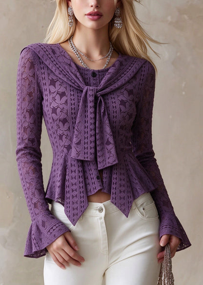 Chic Purple O Neck Asymmetrical Design Cotton Shirt Tops Fall