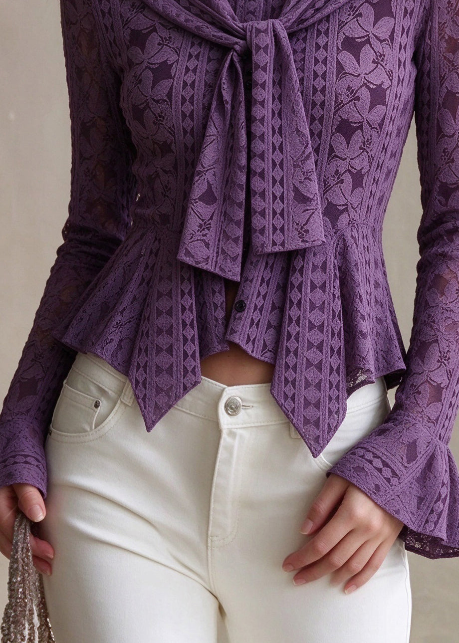 Chic Purple O Neck Asymmetrical Design Cotton Shirt Tops Fall