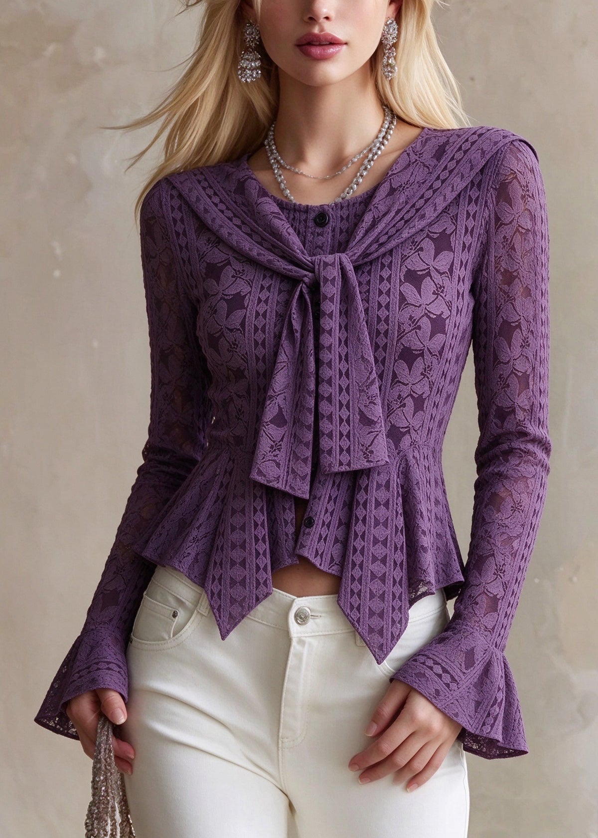 Chic Purple O Neck Asymmetrical Design Cotton Shirt Tops Fall