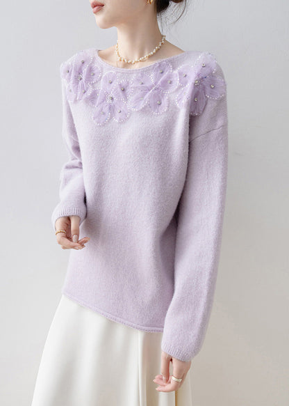 Chic Purple O Neck Floral Sequins Zircon Knit Top Spring