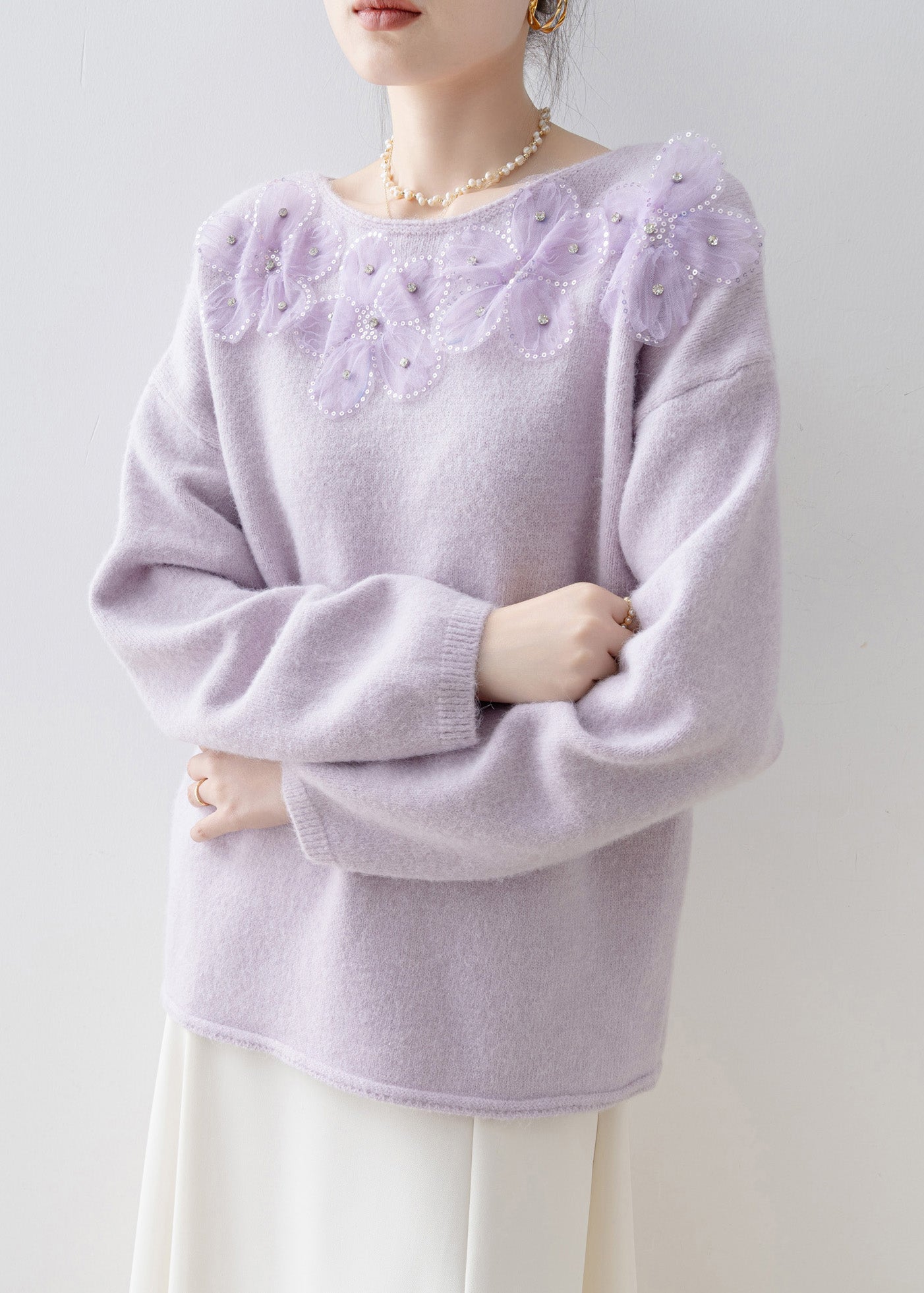 Chic Purple O Neck Floral Sequins Zircon Knit Top Spring