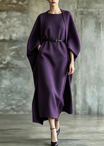 Chic Purple Oversized Woolen Two Pieces Set Winter