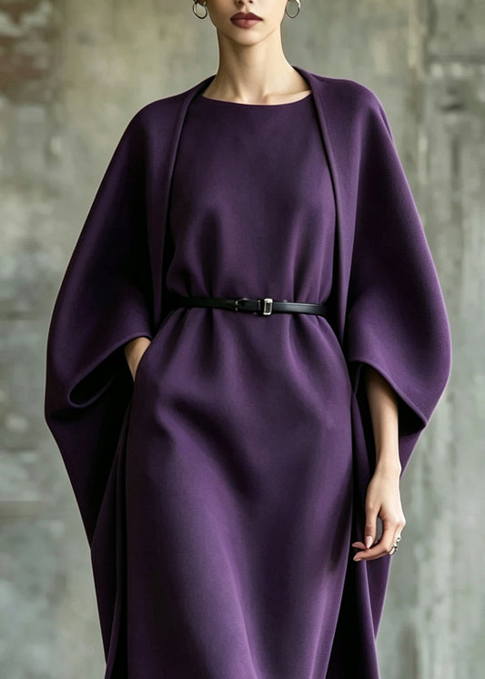 Chic Purple Oversized Woolen Two Pieces Set Winter