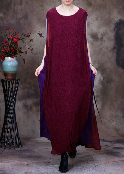 Chic Purple Patchwork O-Neck Silk Fake Two Piece Long Dresses Sleeveless