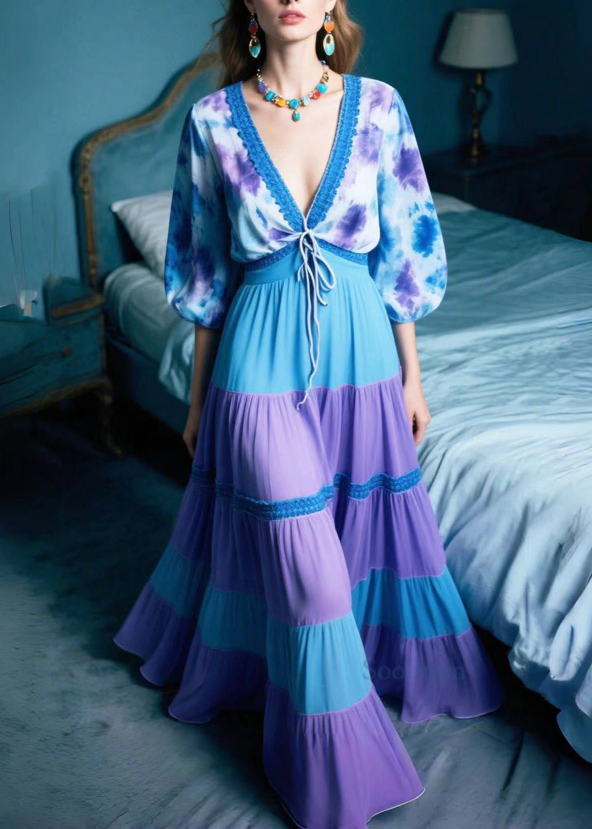 Chic Purple Print Patchwork Chiffon Long Dresses Summer