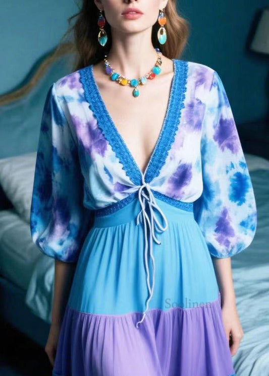 Chic Purple Print Patchwork Chiffon Long Dresses Summer