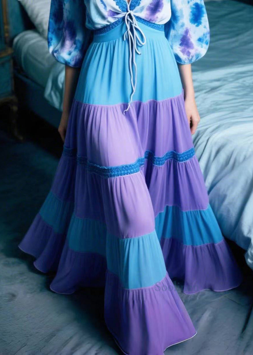 Chic Purple Print Patchwork Chiffon Long Dresses Summer