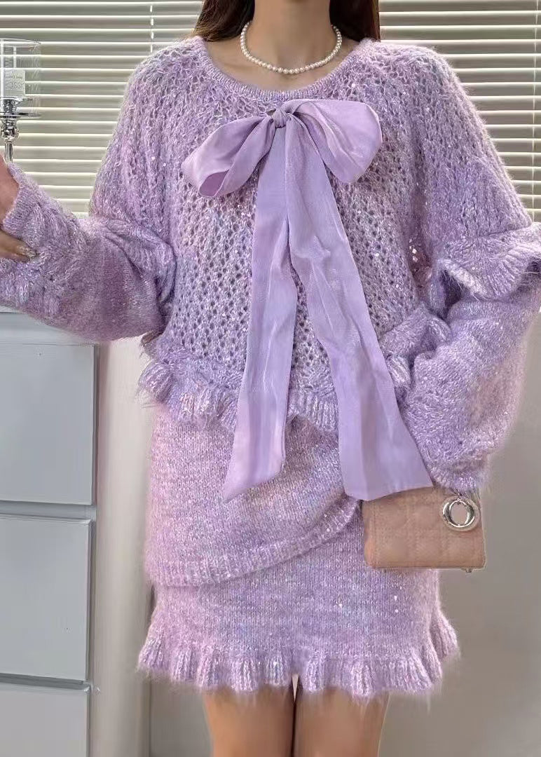 Chic Purple Ruffled Hollow Out Bow Knit Two Piece Set Winter