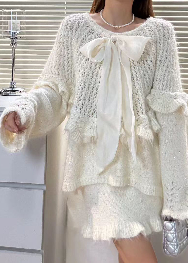 Chic Purple Ruffled Hollow Out Bow Knit Two Piece Set Winter