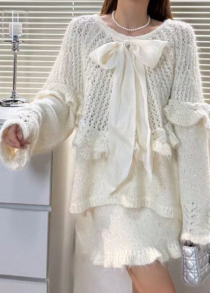 Chic Purple Ruffled Hollow Out Bow Knit Two Piece Set Winter