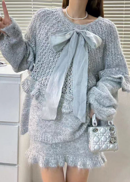 Chic Purple Ruffled Hollow Out Bow Knit Two Piece Set Winter