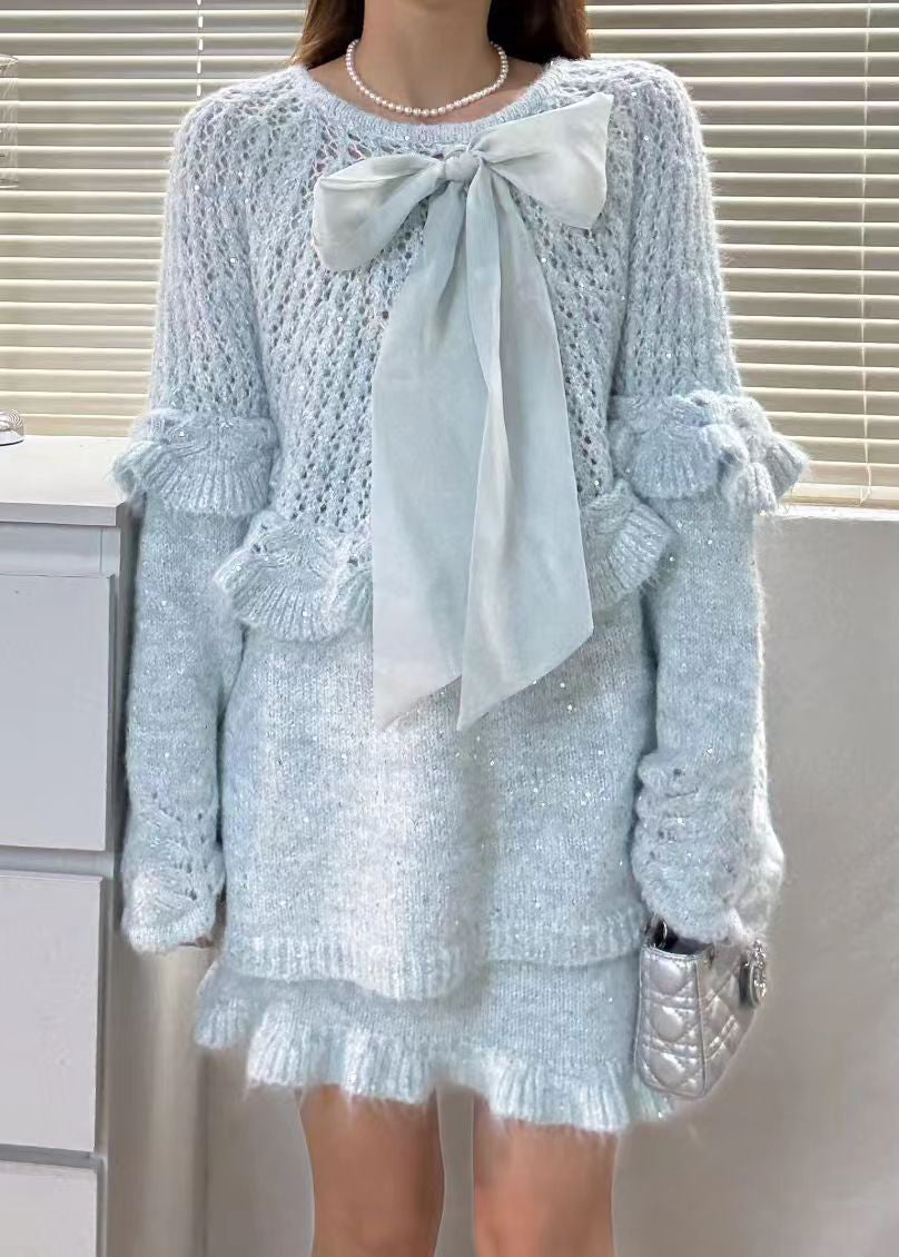 Chic Purple Ruffled Hollow Out Bow Knit Two Piece Set Winter