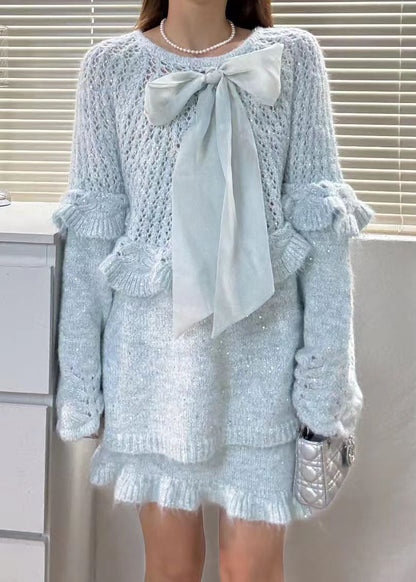 Chic Purple Ruffled Hollow Out Bow Knit Two Piece Set Winter