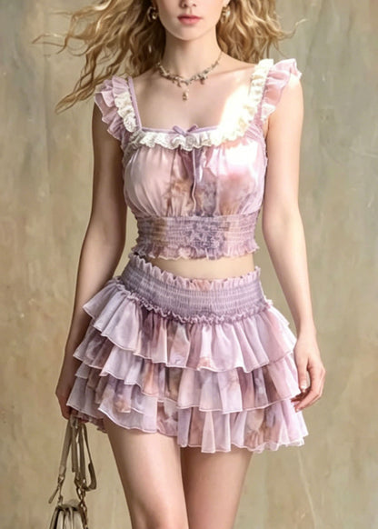 Chic Purple Ruffled Patchwork Tulle Two Pieces Set Summer